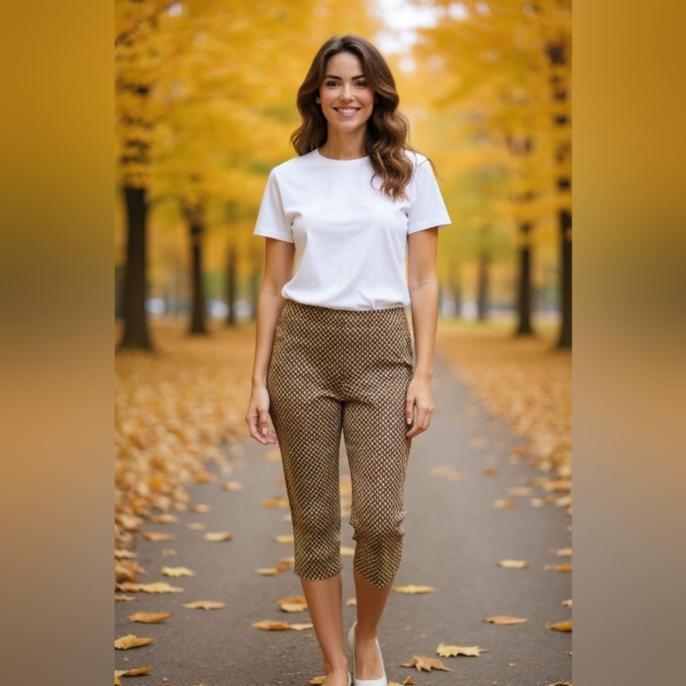 Chico's - NWOT, Cropped Tan Pants W/White Diamond Design,  Elastic Waist, Size 0